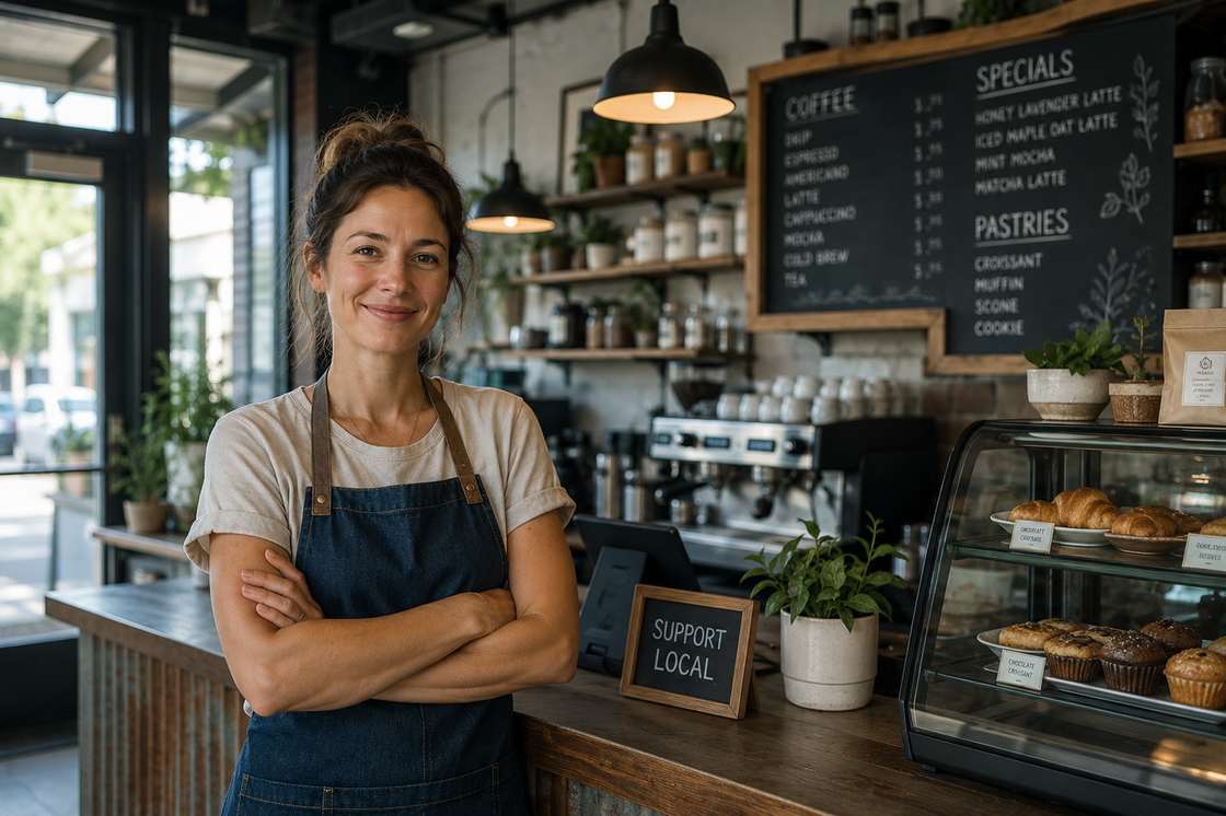 Coffee shop owner holding a takeaway cup in her shop
