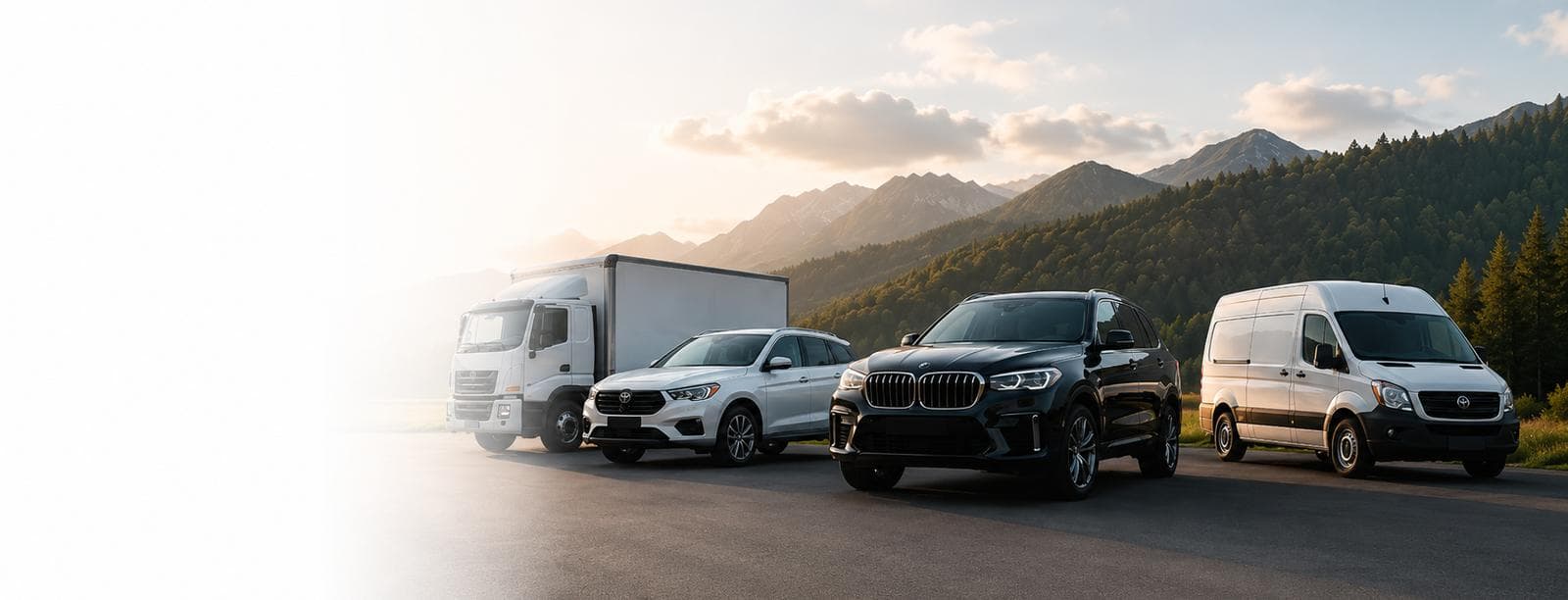 A lineup of rental vehicles on a mountain road at sunset