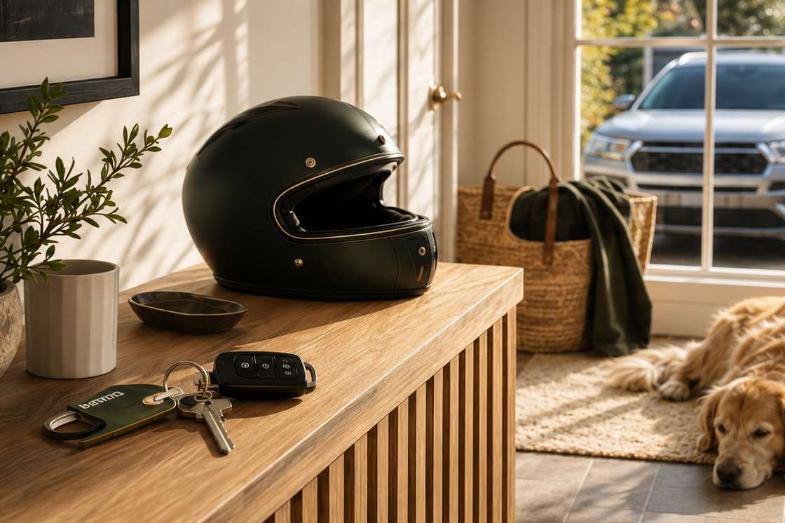Home interior with an SUV visible through the window at golden hour