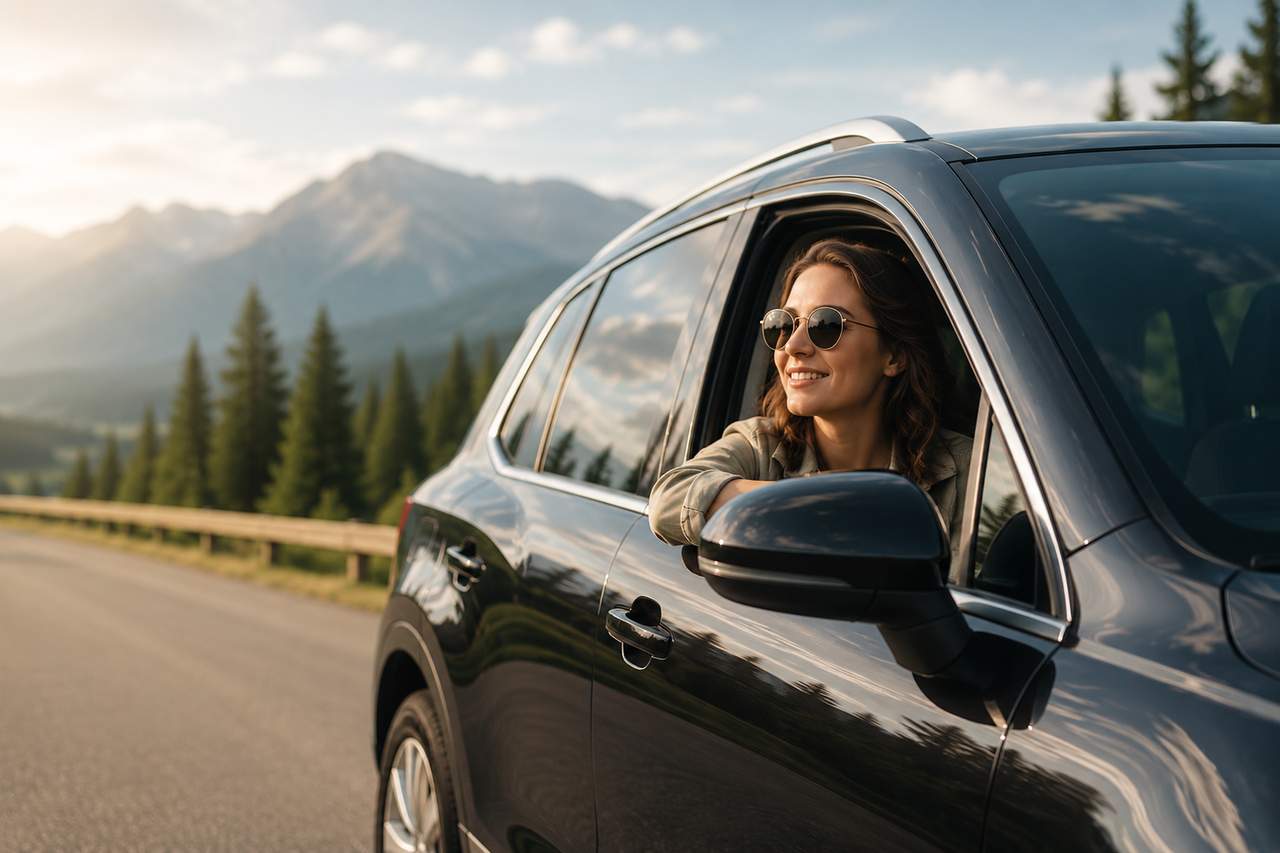 Woman leaning out of the window of an SUV on a mountain road