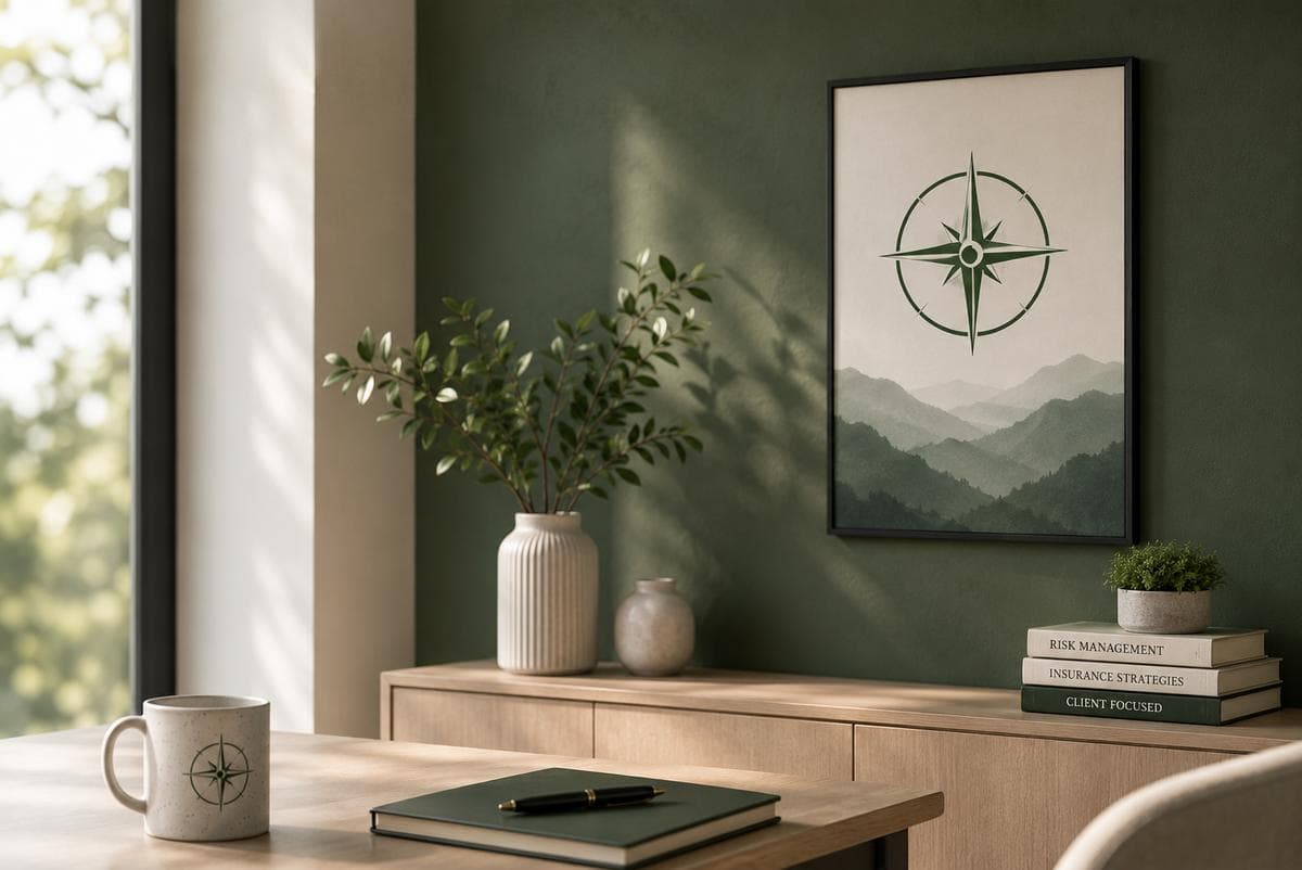 Green Atlas office interior with compass artwork on a sage-green wall