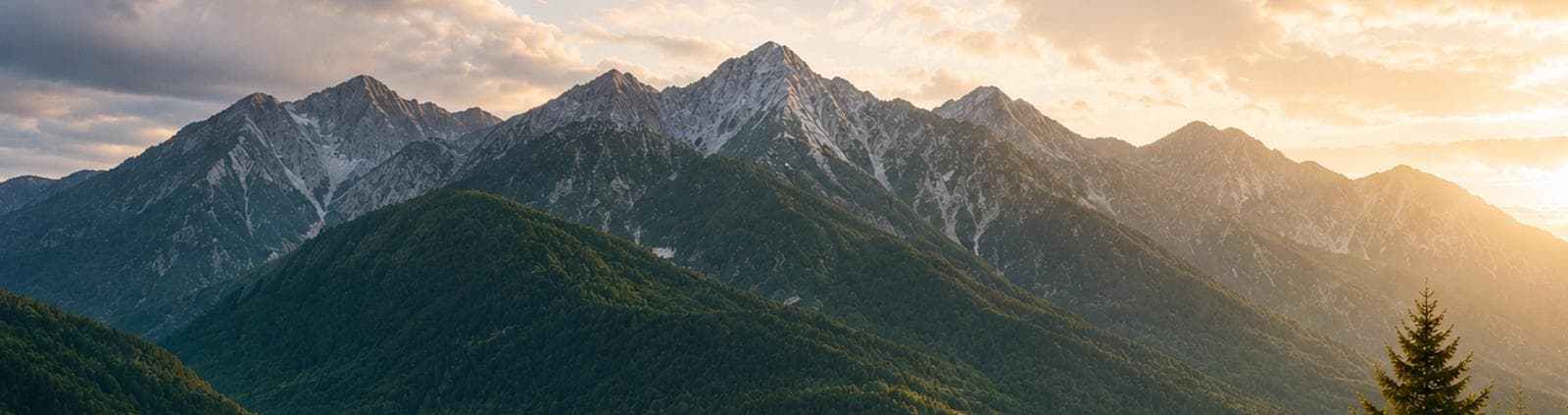 Snow-capped mountain range at sunset